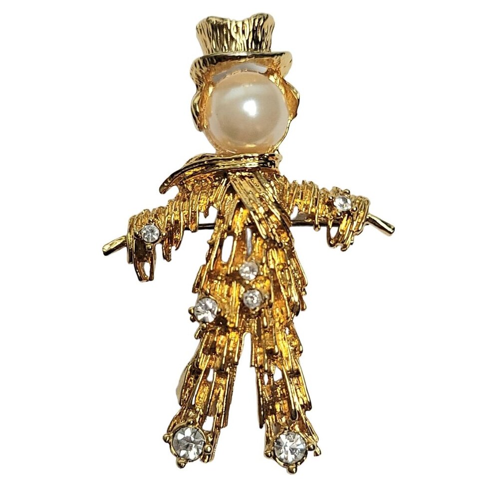 Gold Tone Faux Pearl Clear Rhinestone Brutalist  Scarecrow With Hat Brooch